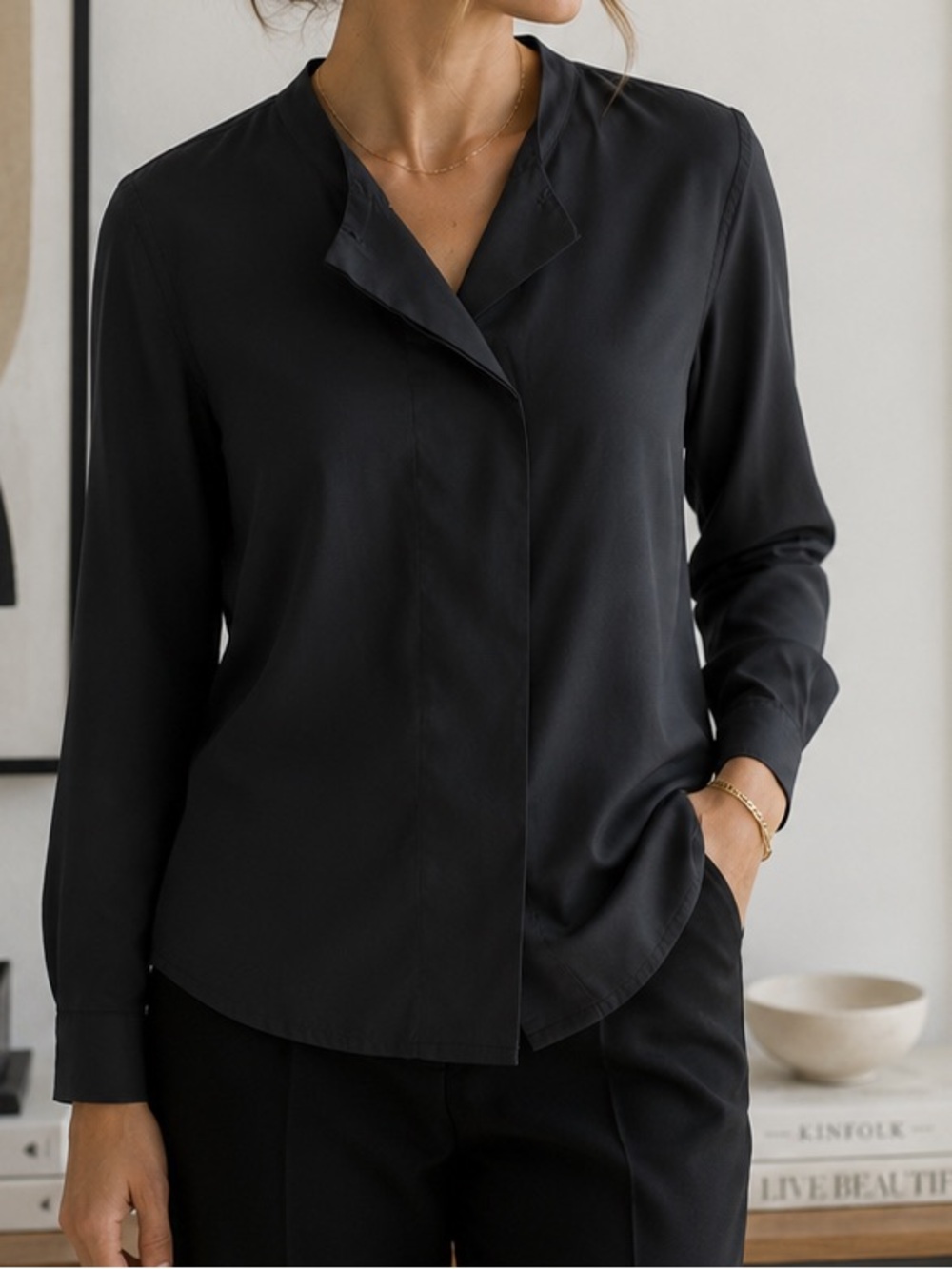 LAREIDA Black Hidden Button Front Blouse Size 40 Portugal Minimalist Long Sleeve